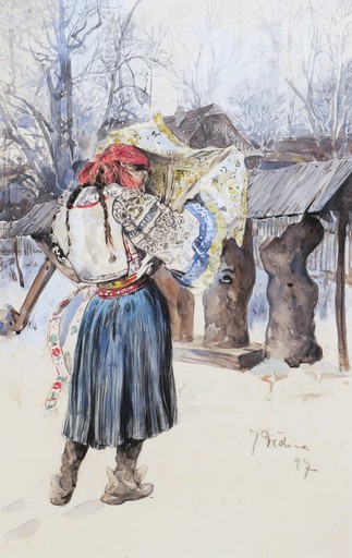 Jan DÉDINA - Drawing-Watercolor - Paysanne tchèque en costume traditionnel dans un paysage