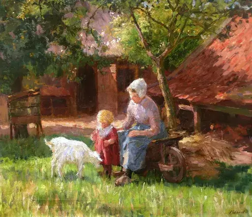 Bernard POTHAST - Pintura - Paysanne et sa fille dans une cour de ferme à Laren 