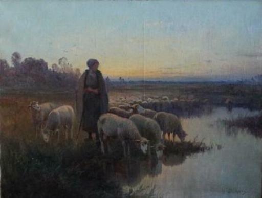 Henri DERIANS - Pittura - Herder met schapen