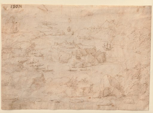 Gherardo CIBO - Disegno Acquarello - Noli. Fortezza su un'isola con numerose navi