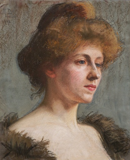 Marguerite DUBOIS DE PACÉ - 水彩作品 - Portrait de jeune femme rousse aux yeux bleus