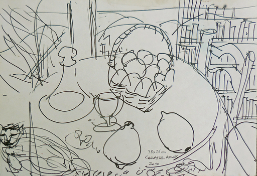 Jean-Pierre CHEVASSUS-AGNES - Dessin-Aquarelle - fruits, carafe, table et bibliothèque devant la fenêtre 