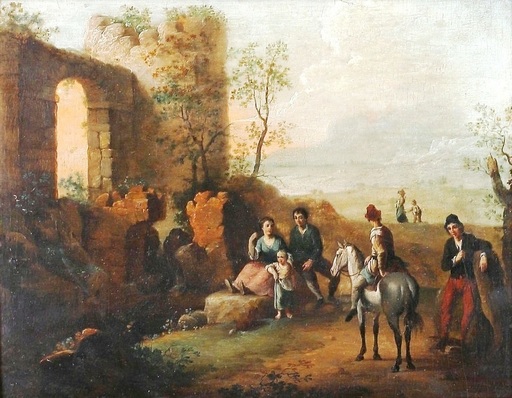 Jean Ignace Isidore GRANDVILLE - Peinture - c.1837 The bucolic walk – A happy Grandville family scene