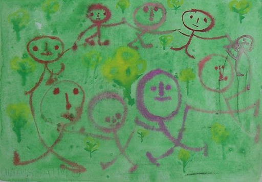 Antal BIRO - Gemälde - Dancing Figures on Green Background
