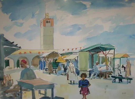 Ernst HUBER - Drawing-Watercolor - Markt in Tunesien