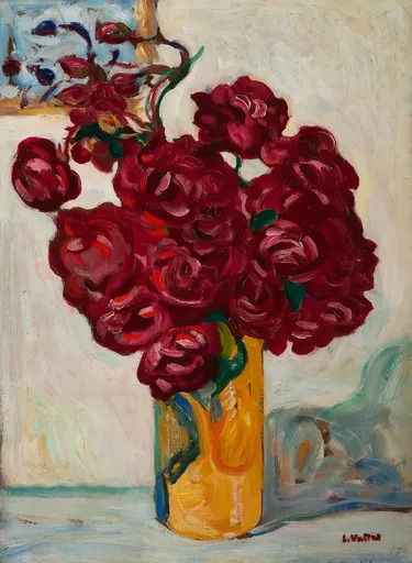 路易斯·瓦尔塔 - 绘画 - Vase de fleurs rouges sur fond jaune