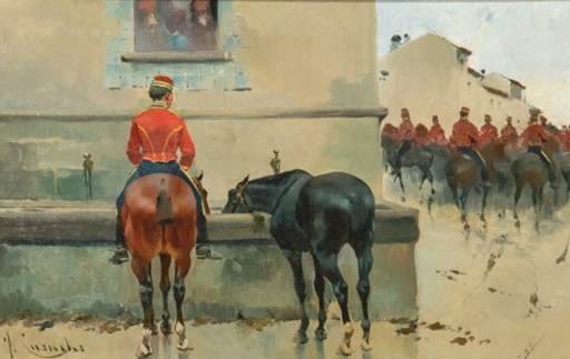 Josep CUSACHS I CUSACHS - Peinture - Abrevando los caballos