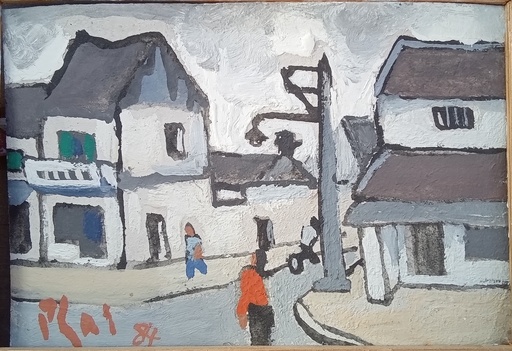 Xuan Phai BUI - Painting - Street in Hanoi with people 1984