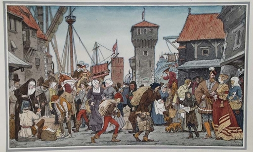 Lev Michailovitsch KHAILOV - Zeichnung Aquarell - "Medieval Harbour Scene" by Lev Khailov, ca 1980