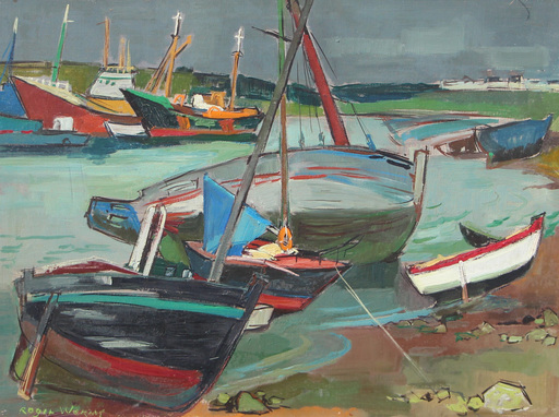 Roger WORMS - Pintura - Bateau à quai, le port d’Etel