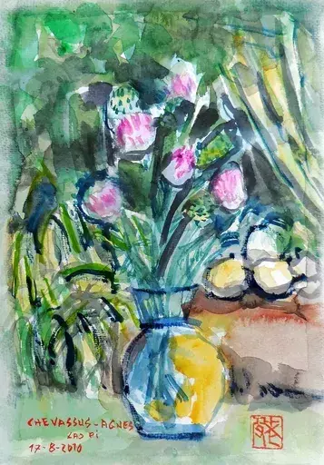 Jean-Pierre CHEVASSUS-AGNES - Dibujo Acuarela - vase et bouquet de fleurs sauvages mauves