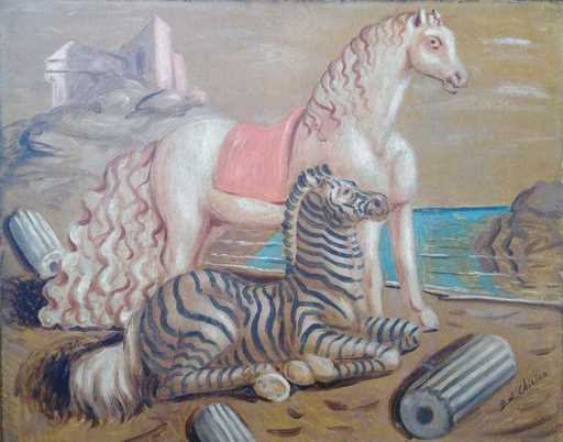 Giorgio DE CHIRICO - Painting - cavallo e zebra sulla spiaggia