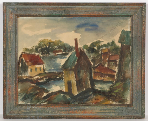 Boris DEUTSCH - Dessin-Aquarelle - "Expressionist village motif" watercolor, 1946