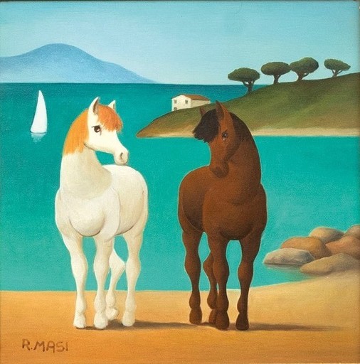 Roberto MASI - Pittura - Due cavalli e la casetta sul mare