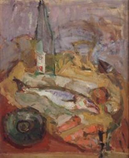 Zygmunt Szreter SCHRETTER - Peinture - Still Life with Bottle and Fish
