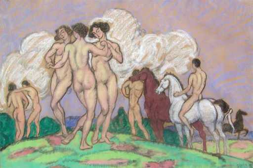 Béla KADAR - Disegno Acquarello - Nudes and Horses
