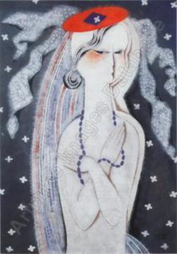 Béla KADAR - Pintura - Woman with Blue Necklace