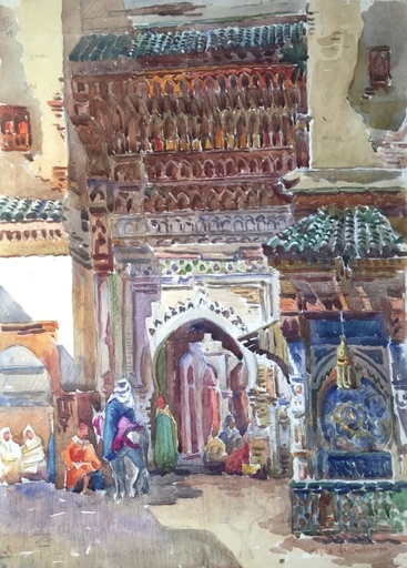 B. CONDE DE SATRINO - Drawing-Watercolor - Morocco – Fez - The Fondouk and the Nejjarine fountain 
