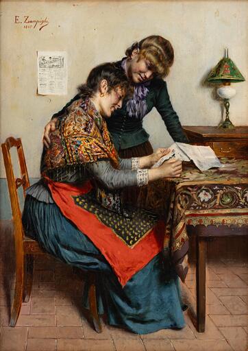 Eugenio ZAMPIGHI - Painting - Lettura del Giornale1885