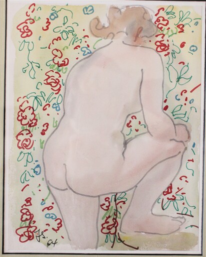 Jean Pierre SCHÜPBACH - Zeichnung Aquarell - Nu de dos devant tapisserie à fleurs