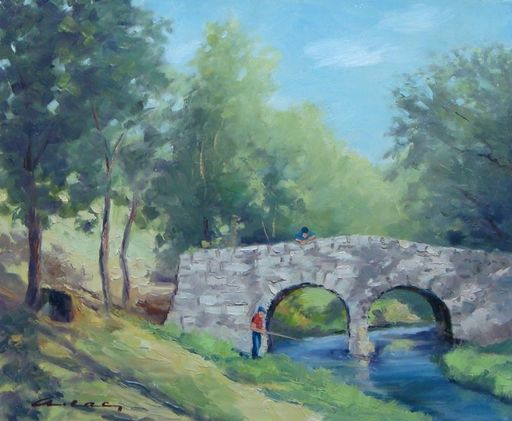 André LAC - Peinture - Pecheur sous le vieux pont