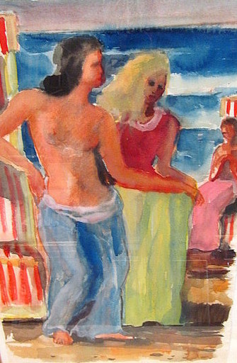 Paul MECHLEN - Disegno Acquarello - Badende Frauen am Strand. 