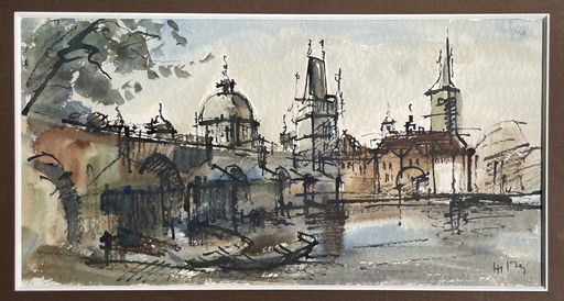 Werner HITZER - Zeichnung Aquarell - Karlsbrücke Prag