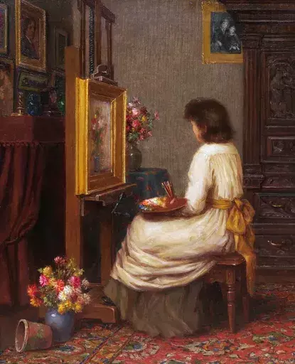Emma MAGNUS - Painting - Autoportrait du peintre à son chevalet
