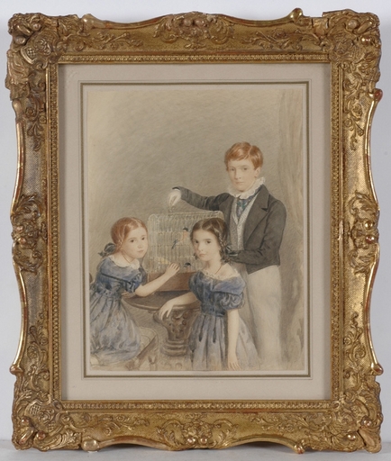 Drawing-Watercolor - "Children with Birdcage", Watercolor, 1850s