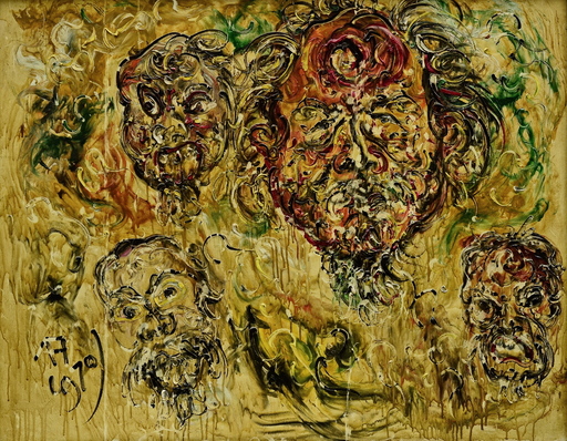 AFFANDI - Gemälde - Masks and Self-Portrait, by Affandi