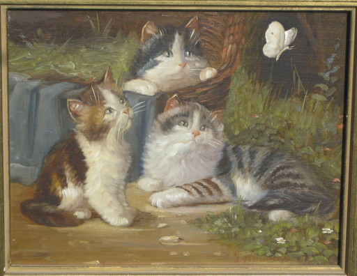 Jan HOVENER - Painting - 3 Katzenkinder mit Schmetterling