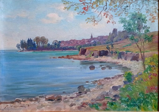 Fritz Edouard HUGUENIN-LASSAUGUETTE - Pintura - Village au bord du lac Léman 