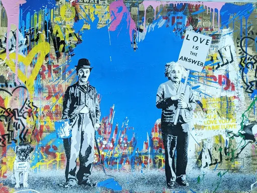 MR BRAINWASH - Peinture - Juxtapose (Chaplin & Einstein)