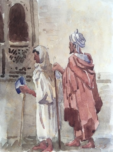 B. CONDE DE SATRINO - Drawing-Watercolor - Morocco – Fez – Beggars in the street 