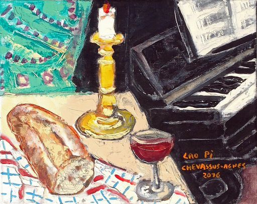 Jean-Pierre CHEVASSUS-AGNES - Painting - le pain et le vin chandelier piano noir