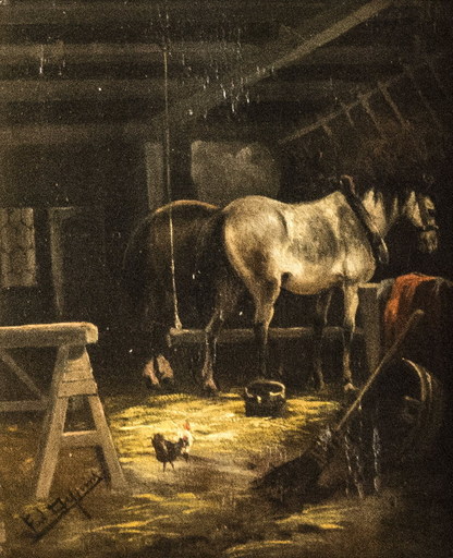 Ferdinand DE PRINS - Painting - Horse in the barn
