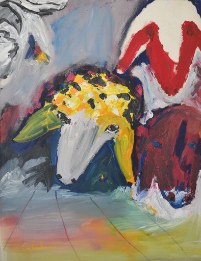 Menashe KADISHMAN - Painting - * Three Sheep, Oil on Canvas, 45 x 35