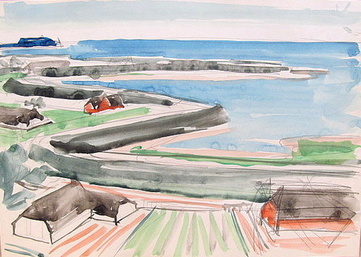 Paul MECHLEN - Drawing-Watercolor - Reetdachhäuser am Meer - Skizze. 