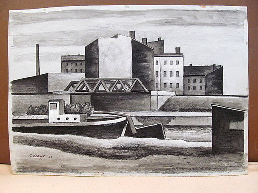 Walter KOHLHOFF - Zeichnung Aquarell - Kanal mit Schiff in Berlin und Brücke.