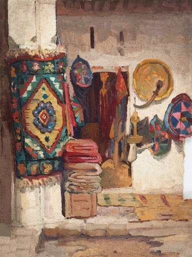 B. CONDE DE SATRINO - Painting - Morocco - Rabat - Carpet & swords merchant shop circa 1906