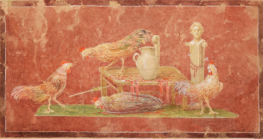 Luigi BAZZANI - Drawing-Watercolor -  Affresco romano con fontana, galli ed erma