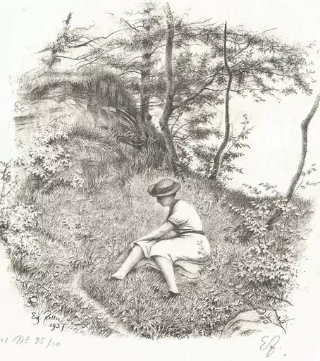 Eugen ZELLER - Print-Multiple - Girl in a Field - Mädchen auf der Wiese
