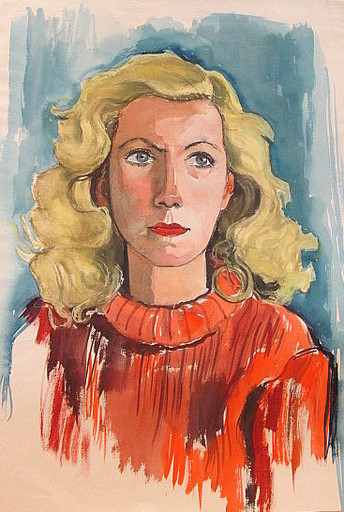 Paul MECHLEN - Drawing-Watercolor - Blonde Frau in roter Bluse.  