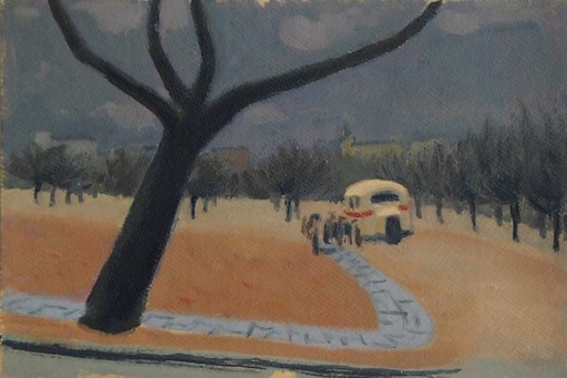 Ludvik DVORACEK - Gemälde - "Bus Stop", Oil Painting, ca 1940