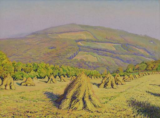Gustave CARIOT - Painting - Paysage aux Bottes de Blé Devant la Montagne