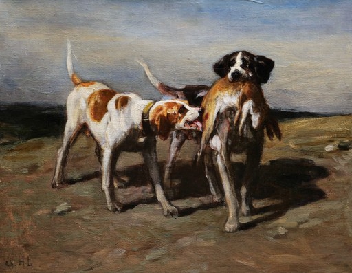 Léon-Charles HERMANN - Peinture - Deux chiens de chasse rapportant un lièvre