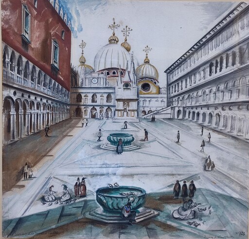 Henry DE WAROQUIER - Dibujo Acuarela - Cour du Palais Ducal à Venise