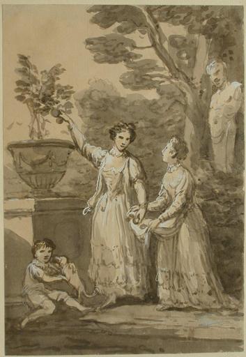 Antonio Pietro ZUCCHI - Dibujo Acuarela - Two Ladies and a Boy with a dog in a Garden