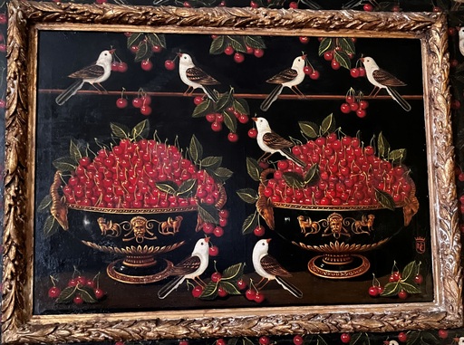 Miguel CANALS - Pintura - Cerises aux oiseaux dans des coupes à l’antique 
