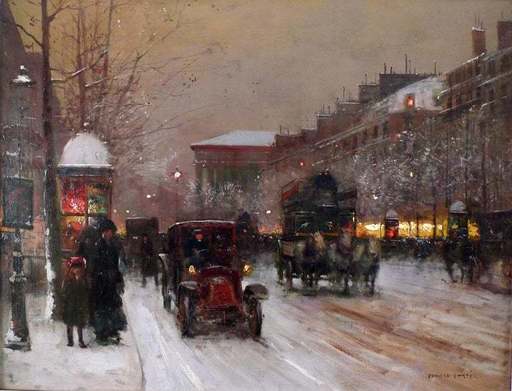 Édouard CORTES - Gemälde - Boulevard de la Madeleine on a Snowy Day
